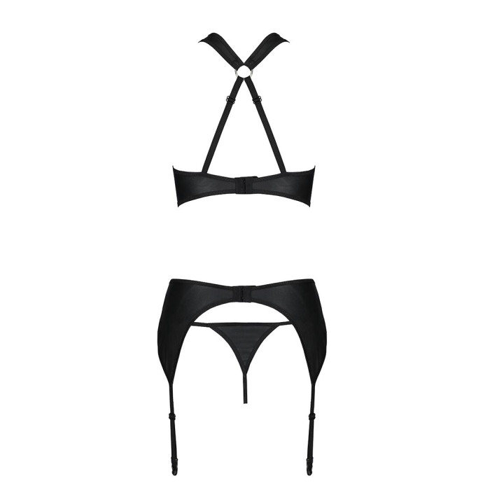 Сітчастий набір з візерунком Passion HIMA SET XXL/XXXL, Black, бюстгальтер, трусики, пояс для панчіх