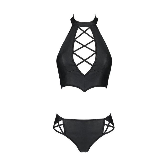 Комплект з еко-шкіри Passion NANCY BIKINI L/XL, black, бра та трусики з імітацією шнурівки