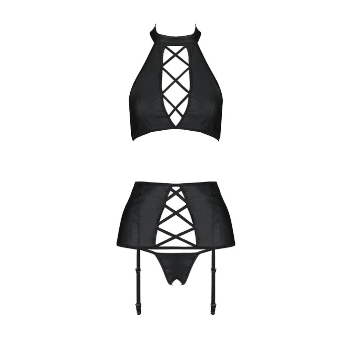 Комплект з еко-шкіри з імітацією шнурівки Passion NANCY SET L/XL black топ, трусики, пояс для панчіх