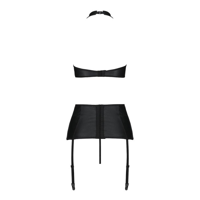 Комплект з еко-шкіри з імітацією шнурівки Passion NANCY SET L/XL black топ, трусики, пояс для панчіх