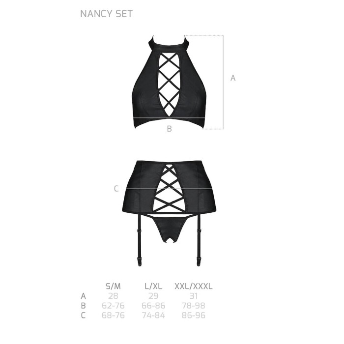 Комплект з еко-шкіри з імітацією шнурівки Passion NANCY SET S/M black топ, трусики, пояс для панчіх