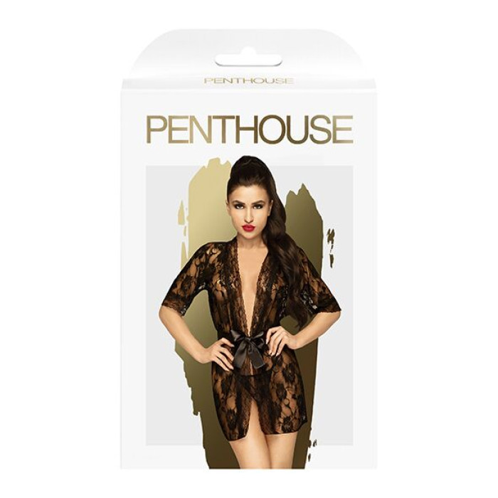 Комплект пеньюар з декором у вигляді троянд та стрінгами Penthouse - Sweet Retreat Black S/L
