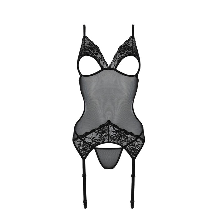 Корсет із підв’язками та ажурним ліфом Passion CHRISTA CORSET L/XL, black, стрінги в комплекті