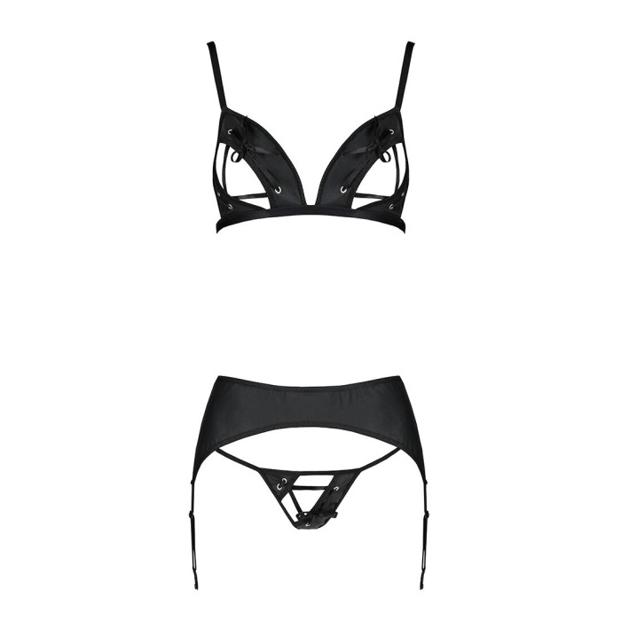 Комплект з екошкіри Passion MILEY SET XXL/XXXL, black, трусики, бюстгальтер, пояс для панчіх