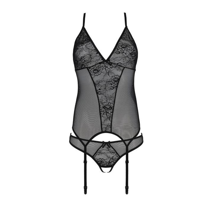 Корсет із пажами Passion URSULA CORSET S/M, Black, трусики з ажурним декором та відкритим кроком