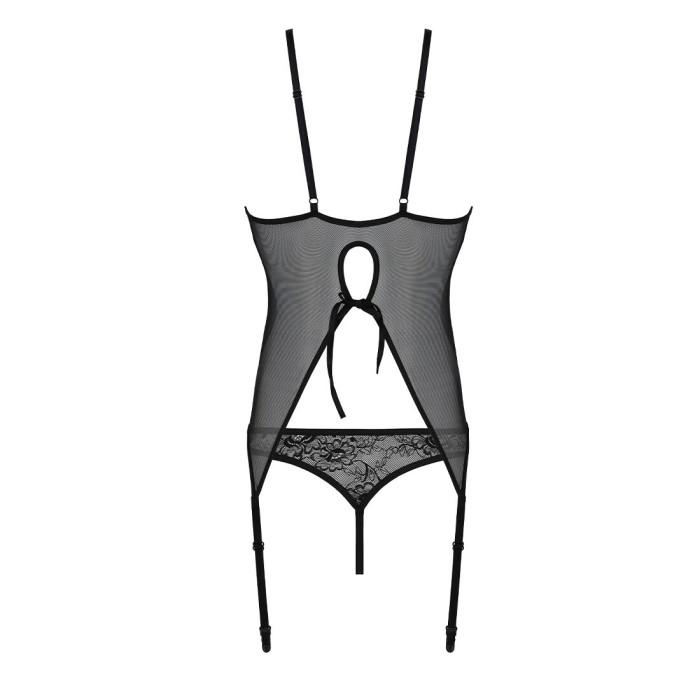 Корсет із пажами Passion URSULA CORSET S/M, Black, трусики з ажурним декором та відкритим кроком