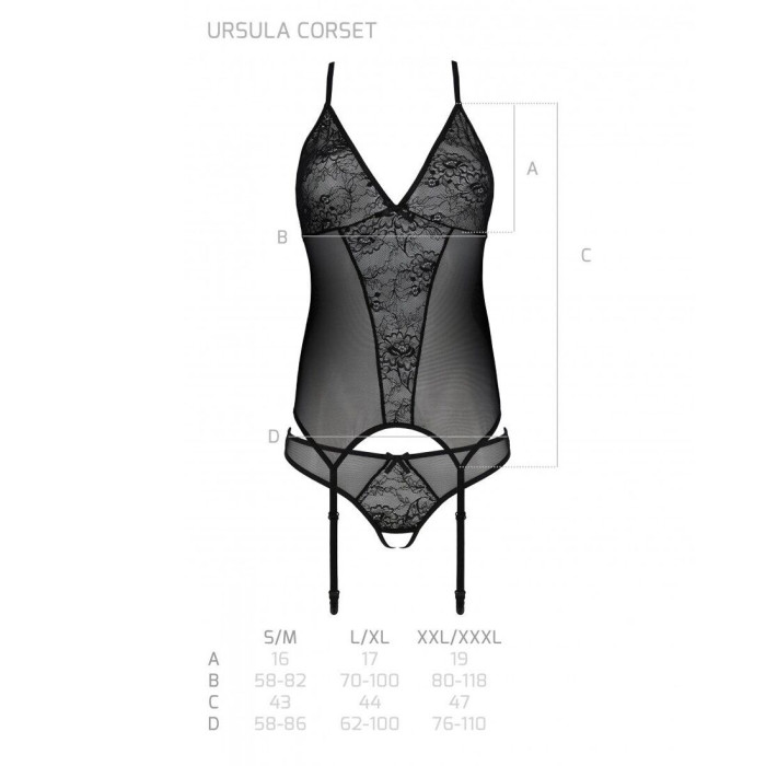 Корсет із пажами Passion URSULA CORSET S/M, Black, трусики з ажурним декором та відкритим кроком