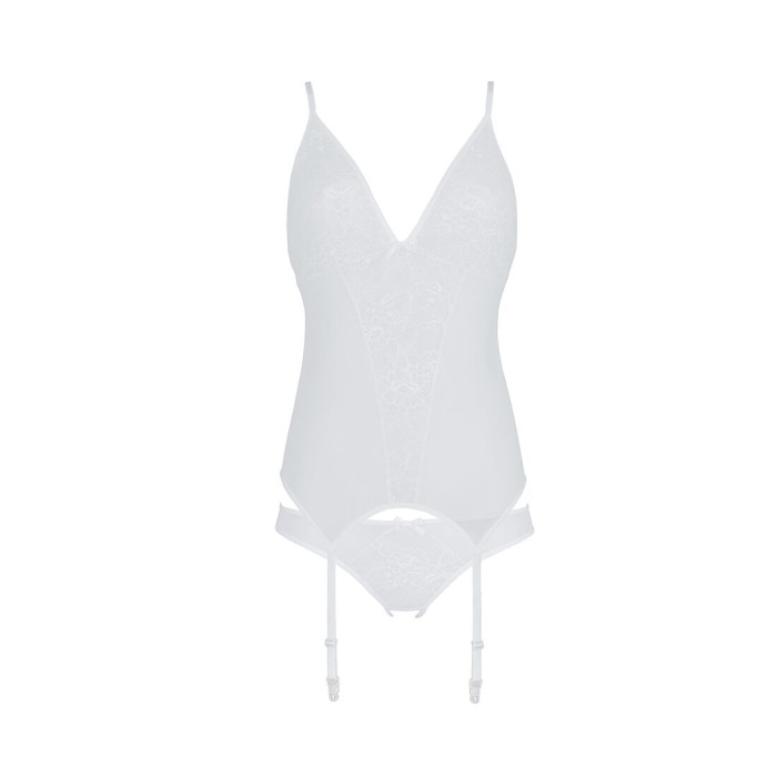 Корсет із пажами Passion URSULA CORSET L/XL, White, трусики з ажурним декором та відкритим кроком