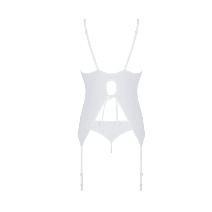 Корсет із пажами Passion URSULA CORSET S/M, White, трусики з ажурним декором та відкритим кроком