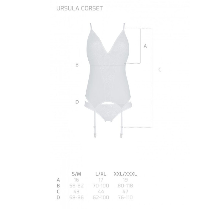 Корсет із пажами Passion URSULA CORSET S/M, White, трусики з ажурним декором та відкритим кроком