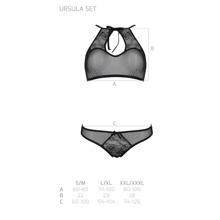 Комплект білизни Passion URSULA SET L/XL, Black, бра, трусики з ажурним декором та відкритим кроком