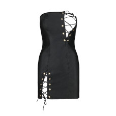 Мінісукня з екошкіри Passion CELINE CHEMISE L/XL, black, шнурівка, трусики в комплекті