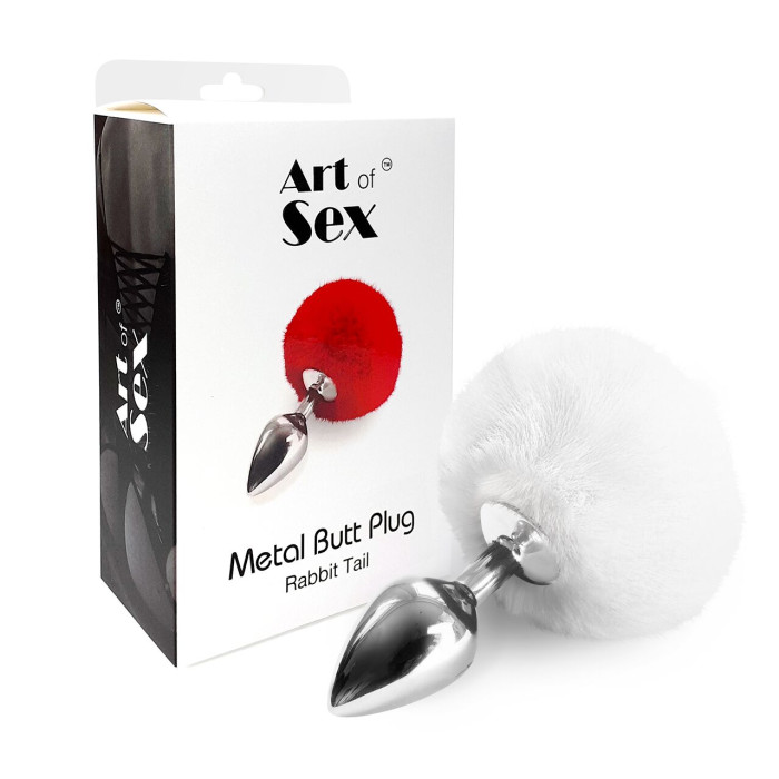 Металева анальна пробка М Art of Sex - Metal Butt plug Rabbit Tail White, діаметр 3,4 см