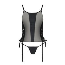 Сітчастий корсет з екошкіри Passion MALWIA CORSET 4XL/5XL black, з люверсами та знімними пажами