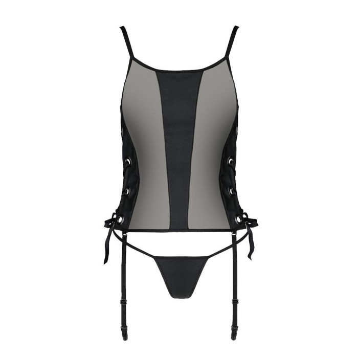 Сітчастий корсет з екошкіри Passion MALWIA CORSET 4XL/5XL black, з люверсами та знімними пажами