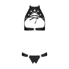 Комплект із екошкіри Passion MALWIA SET with Open Bra 4XL/5XL black, топ та трусики з люверсами