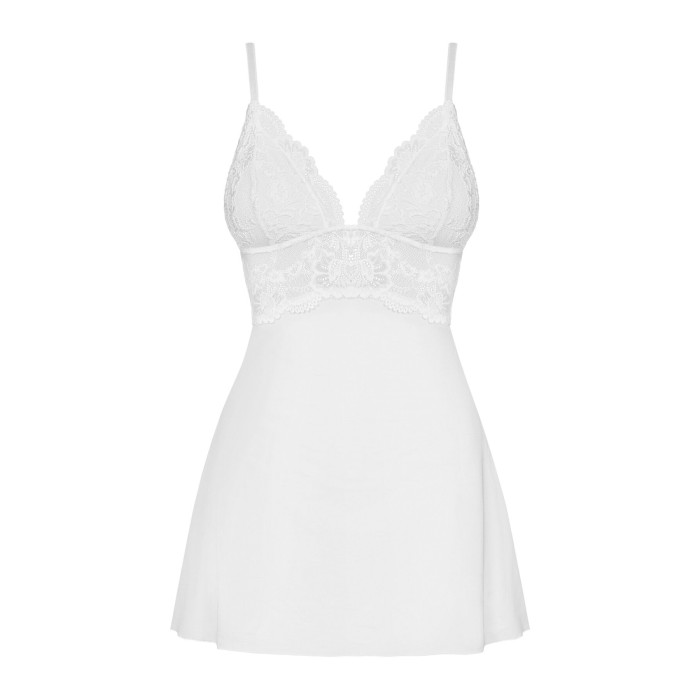 Сатиновий пеньюар із мереживом Obsessive 810-BAB-2 babydoll & thong S/M, білий, пеньюар, танга