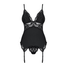 Сатиновий мереживний корсет Obsessive 810-COR-1 babydoll & thong S/M, чорний, корсет, танга