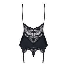 Сатиновий мереживний корсет Obsessive 810-COR-1 babydoll & thong S/M, чорний, корсет, танга