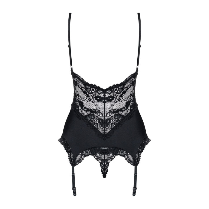 Сатиновий мереживний корсет Obsessive 810-COR-1 babydoll & thong S/M, чорний, корсет, танга