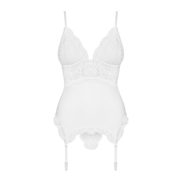 Сатиновий мереживний корсет Obsessive 810-COR-2 babydoll & thong S/M, білий, корсет, танга