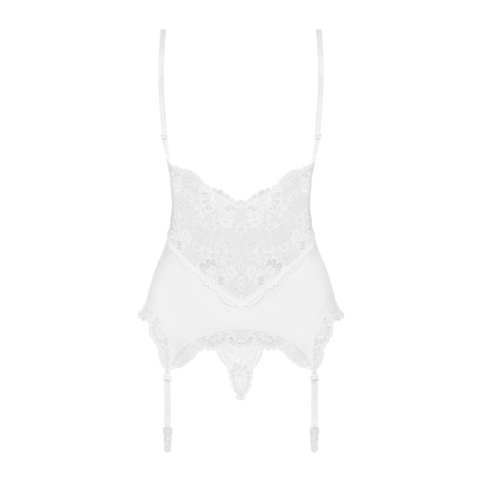 Сатиновий мереживний корсет Obsessive 810-COR-2 babydoll & thong S/M, білий, корсет, танга