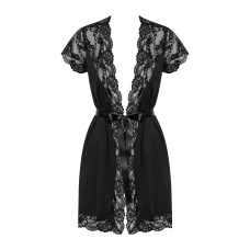 Сатиновий відкритий пеньюар на поясі Obsessive 810-PEI–1 peignoir black 2XL/3XL, чорний