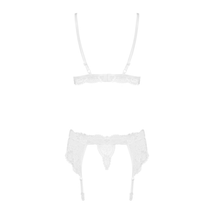 Мереживний комплект білизни Obsessive 810-SEG-1 L/XL White, бюстгальтер, стрінги, пояс для панчіх