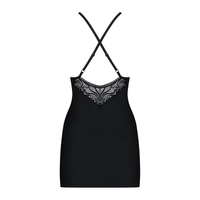 Сатиновий комплект для сну з мереживом Obsessive 828-CHE-1 chemise & thong S/M, чорний, сорочка, стр