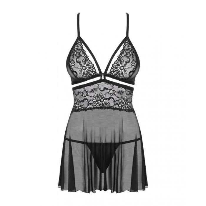 Еротичний мереживний комплект із сіточкою Obsessive 838-BAB-1babydoll & thong black S/M
