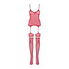 Бодістокінг Obsessive Bodystocking F214 red S/M/L, імітація корсета та панчіх на підв’язках