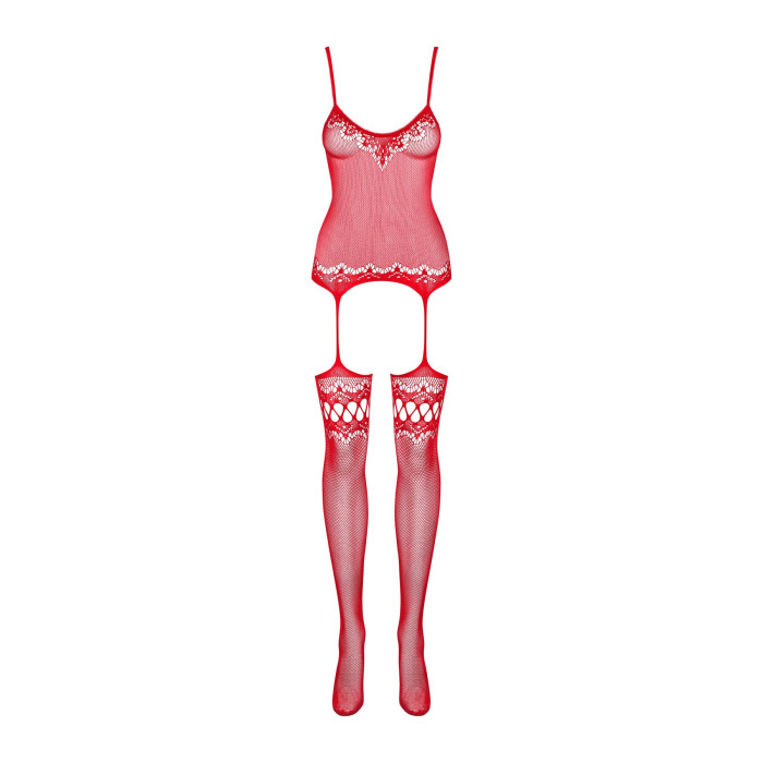 Бодістокінг Obsessive Bodystocking F214 red S/M/L, імітація корсета та панчіх на підв’язках