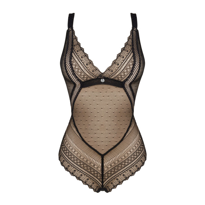 Мереживне боді з декольте Obsessive Estiqua teddy M/L, чорне, широкі лямки