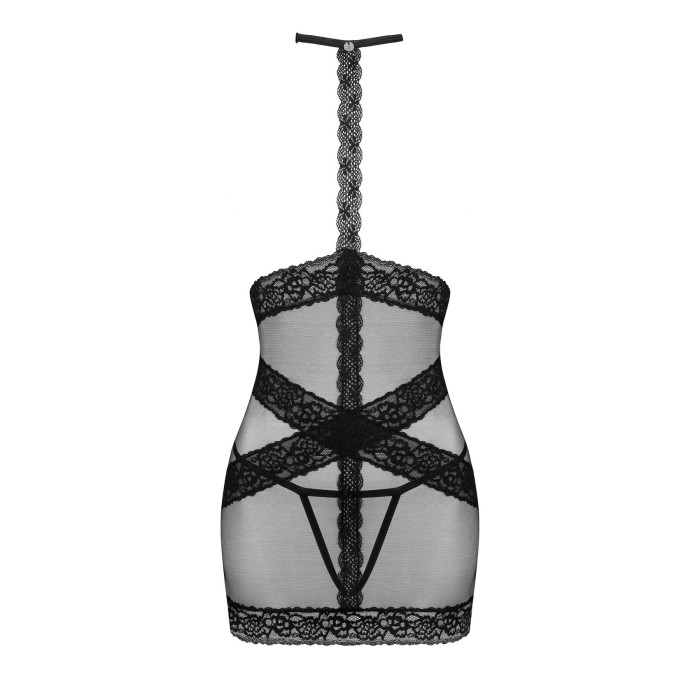 Напівпрозора сорочка з відкритими грудьми Obsessive Lacrisia chemise XS/S, чорна, з чокером