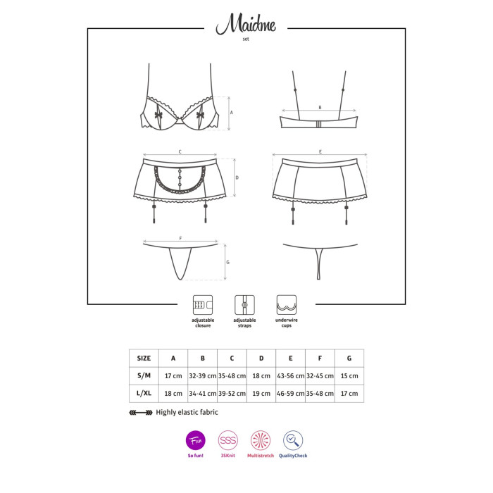 Еротичний костюм покоївки Obsessive Maidme set 5pcs L/XL, бюстгальтер, пояс з фартухом, панчохи, стр