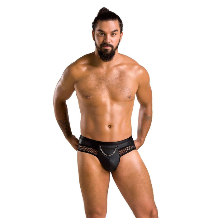 Чоловічі труси з ланцюжком Passion 030 SLIP TOM XXL/XXXL Black, екошкіра, відкриті сідниці