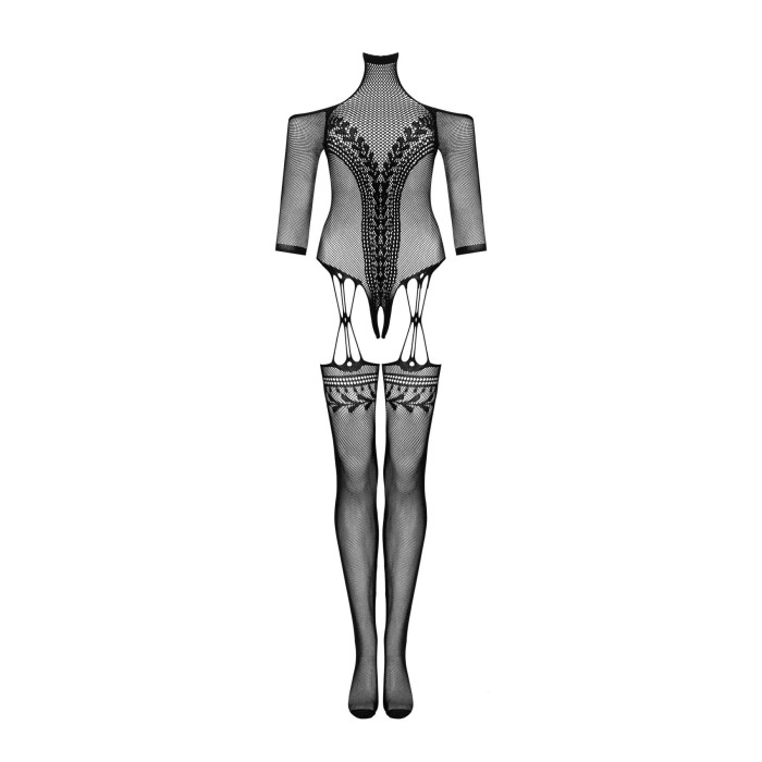 Нейлоновий бодістокінг з імітацією панчіх Obsessive Bodystocking G333 S/M/L, black, з доступом