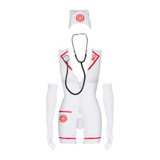 Еротичний костюм медсестри Obsessive Emergency dress S/M, white, сукня, стринги, рукавички, чепчик, стетоскоп