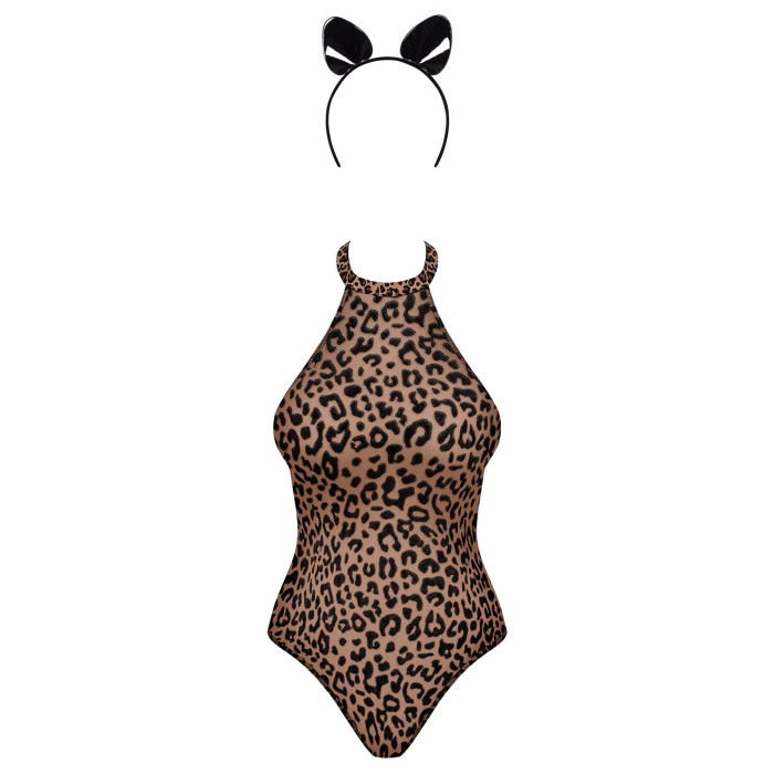 Еротичний костюм леопарда Obsessive Leocatia teddy L/XL, боді, обруч з вушками