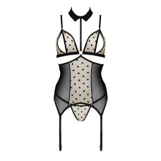 Корсет з відкритими грудьми Passion DOMINICA CORSET S/M beige, пажі для панчіх, стрінги