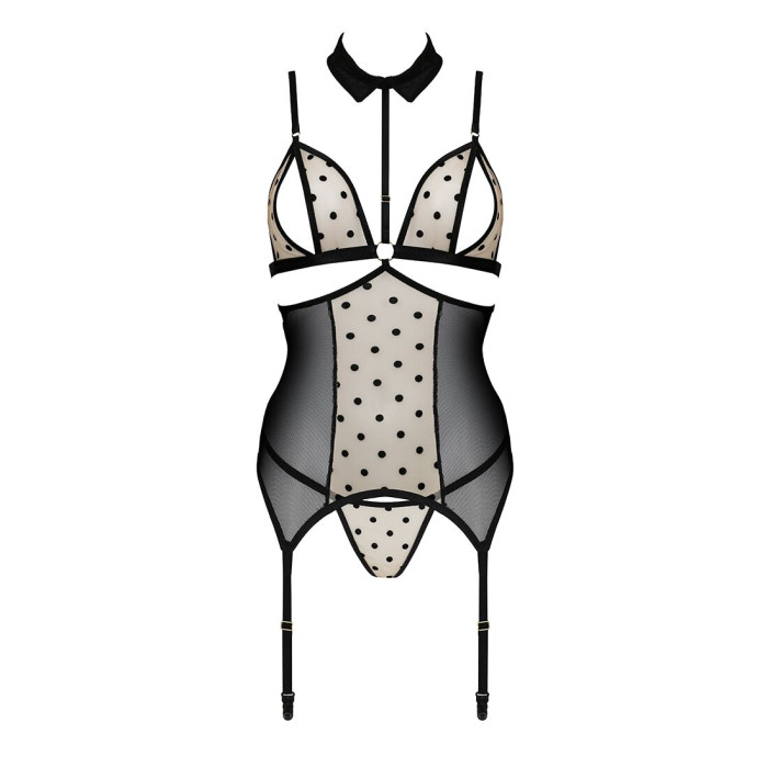 Корсет з відкритими грудьми Passion DOMINICA CORSET XXL/XXXL beige, пажі для панчіх, стрінги