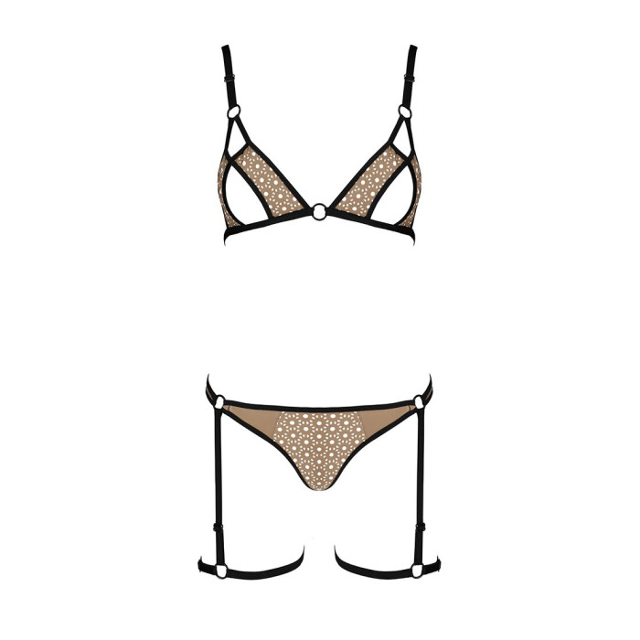 Еротичний комплект спідньої білизни Passion GABI SET XXL/XXXL beige, трусики з гартерами