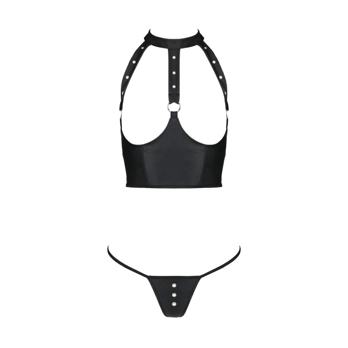Комплект білизни з відкритими грудьми Passion GENEVIA SET WITH OPEN BRA XXL/XXXL black, корсет, стрі