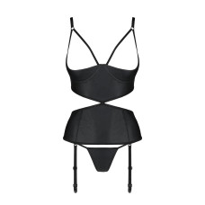 Корсет з відкритими грудьми Passion JANNIES CORSET L/XL black, стрінги в наборі