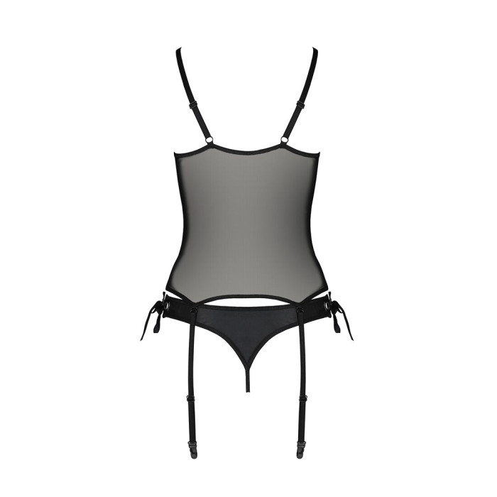 Корсет зі шнурівкою Passion NESSY CORSET L/XL black, стрінги з відкритим доступом, пажі для панчіх