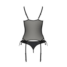 Корсет зі шнурівкою Passion NESSY CORSET S/M black, стрінги з відкритим доступом, пажі для панчіх
