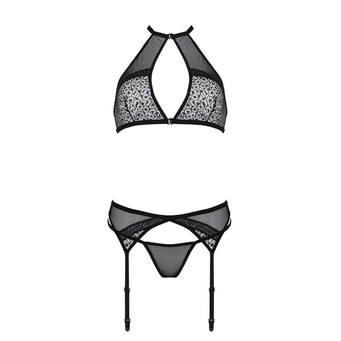 Комплект білизни Passion SATARA SET L/XL black, топ, пояс для панчіх, стрінги