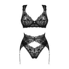 Комплект білизни Obsessive Donna Dream 3-pcs set XS/S Black, бюстгальтер, стрінги, пояс для панчіх