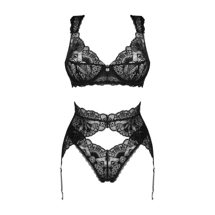 Комплект білизни Obsessive Donna Dream 3-pcs set XS/S Black, бюстгальтер, стрінги, пояс для панчіх