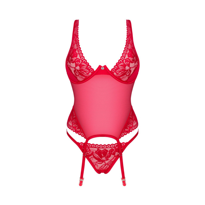 Прозорий корсет Obsessive Lacelove corset XL/2XL Red, мереживо, підв’язки для панчіх